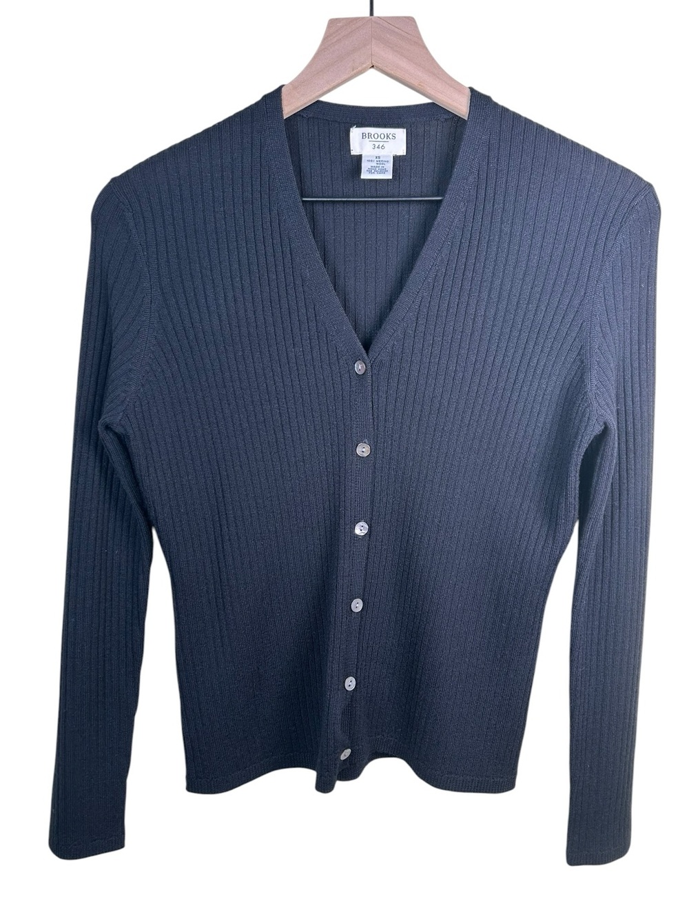 VTG 90s BROOKS‎ 346 Black Ribbed Merino Wool Cardigan Sweater XS Minimalist